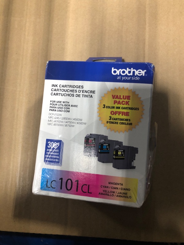Photo 1 of Brother Genuine Standard Yield Color Ink Cartridges, LC1013PKS, Replacement Color Ink Three Pack, Includes 1 Cartridge Each of Cyan, Magenta & Yellow, Page Yield Upto 300 Pages/Cartridge, LC101