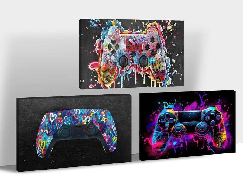 Photo 1 of 3-Pieces Graffiti Wall Art - Pop Street Art Wall Decor For Teen Boys, Colorful Graffiti Canvas Wall Art Cool Gamepad Prints Graffiti Gaming Wall Art For Men Bedroom Framed (12"x18"x3Pcs)