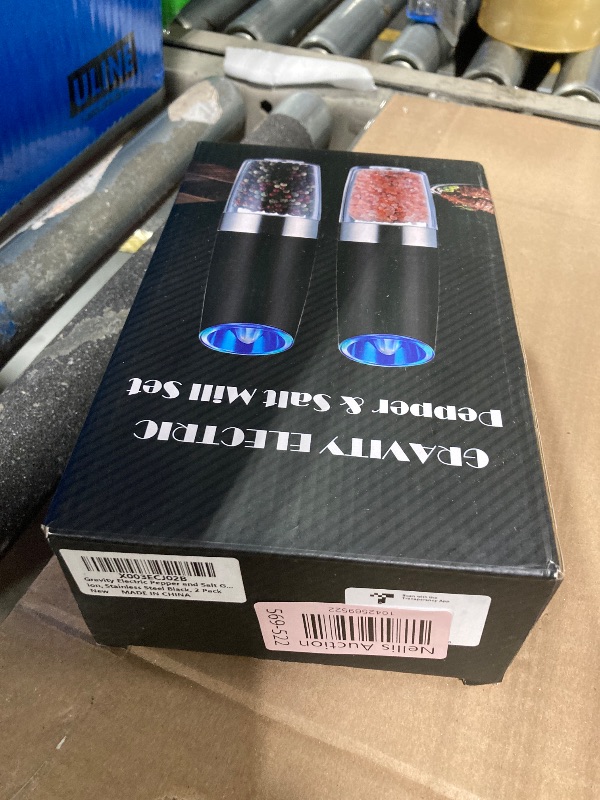 Photo 1 of Sweet Alice Gravity Electric Pepper and Salt Grinder Set, Adjustable Coarseness, Battery Powered with LED Light, One Hand Automatic Operation, Stainless Steel Black, 2 Pack