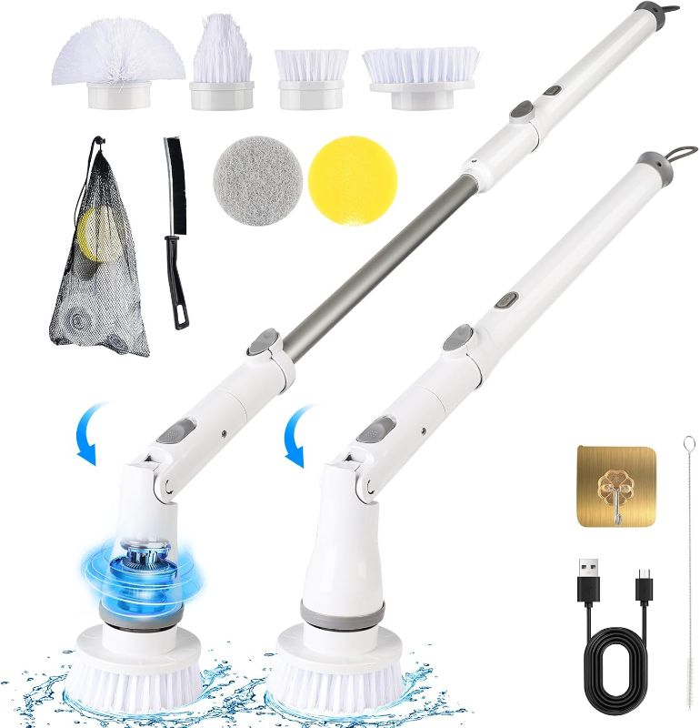 Photo 1 of   Electric Spin Scrubber T1, Cordless Shower Scrubber with 6 Replaceable Brush Heads, Horse Power Scrubber with Long Handle, 5000mAh Battery, IP67 Waterproof Cleaning Brush for Bathroom, Bathtub
