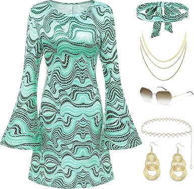 Photo 1 of 9 Pcs Womens 1920s Flapper Dress Costume Set, Vneck Sequin Beaded Swing Fringed Flapper Dress with Roaring 20s Accessories (Green,X-Large)
