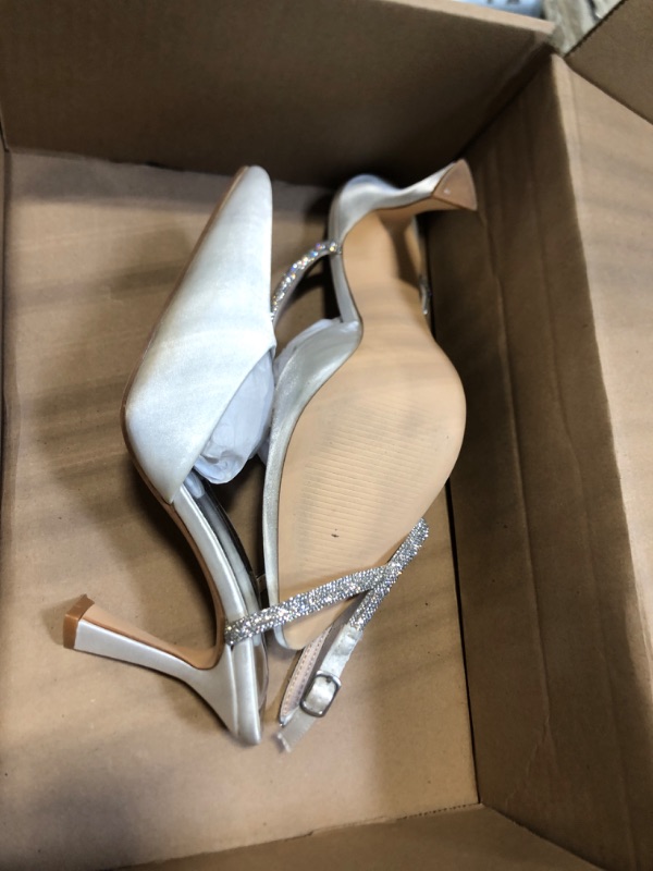 Photo 1 of Coutgo Women Rhinestone Heels Kitten High Satin Pumps Pointed Toe Sparkly Sexy Wedding Dress Shoes White