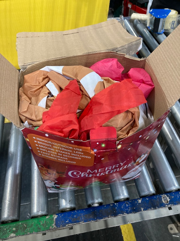 Photo 1 of FLATO 10 FT Long Merry Christmas Inflatable Decorations, Smile Inflatables Gingerbread Man Gift Box Outdoor Xmas Decor with Built-in Colorful Rotating and White LED Lights for Holiday, Lawn, Party