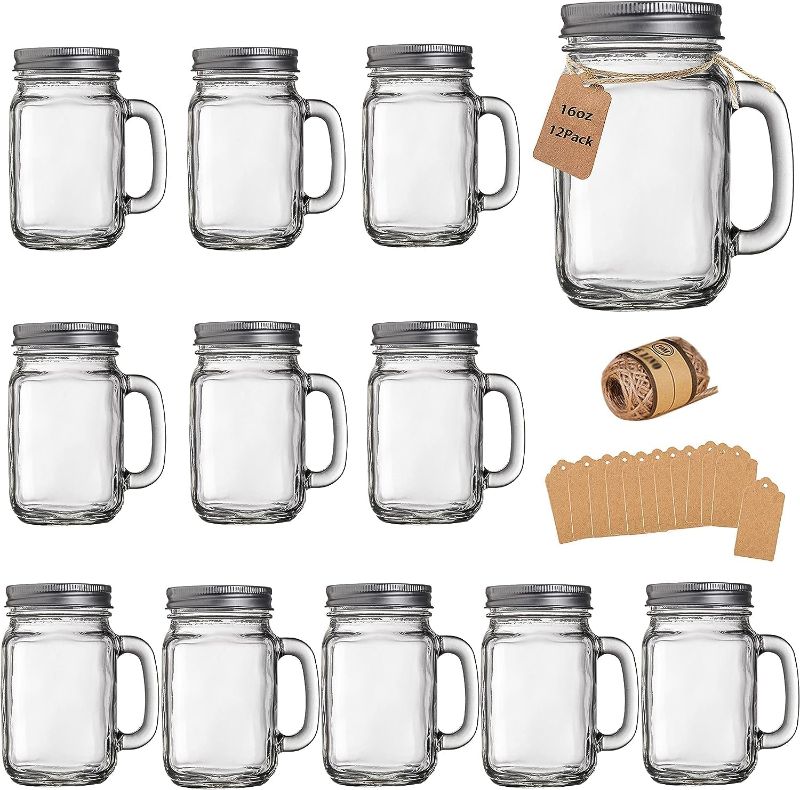 Photo 1 of ***Only Cups***TANGLONG Mason Jar Cups, Mason Jars With Handle And Lids, Drinking Glasses Cups, Glass Mugs with Handles 16 oz –12 Pack