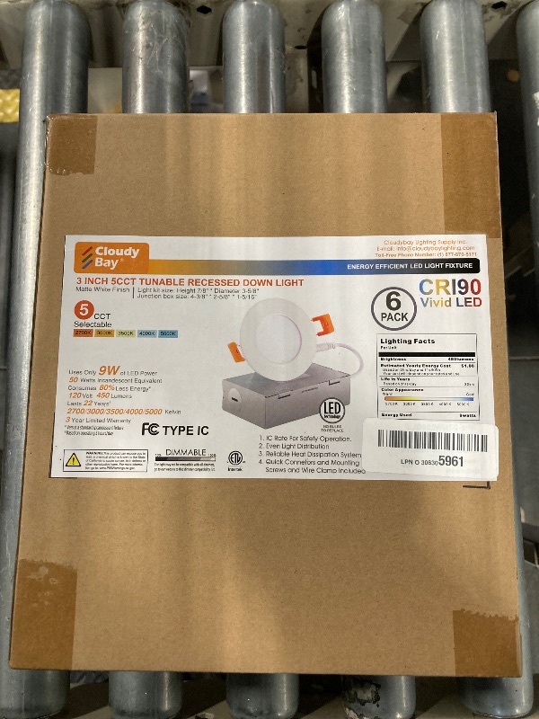 Photo 2 of *** NEW FATORY SEALED*** CLOUDY BAY 3 inch 5 Color Ultra Thin LED Recessed Light with Junction Box, Canless Wafer Downlight, IC Rated, 8W CRI90+, 5 Color Temperature Selectable, Illumination Diameter 1-7/8inch,White, 6 Pack