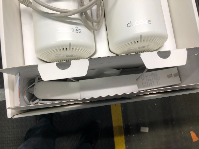 Photo 3 of ***unknown if missing one network cable, instruction on the case of power adapter*** TP-Link Deco AXE5400 Tri-Band WiFi 6E Mesh System(Deco XE75) - Covers up to 5500 Sq.Ft, Replaces WiFi Router and Extender, AI-Driven Mesh, New 6GHz Band, 2-Pack