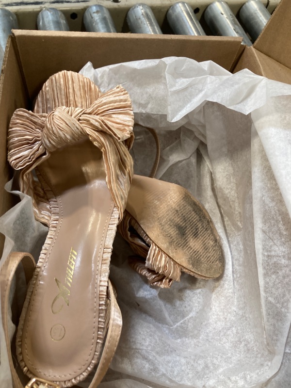 Photo 1 of Athlefit Women's Open Toe Chunky Heels Pleated Bow Ankle Strap Heeled Sandals Wedding Bridal Shoes Gold Size 7.5