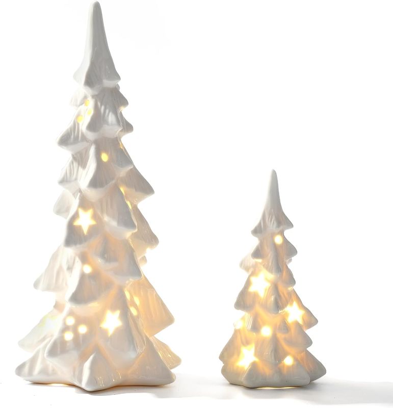 Photo 1 of AOMOONOA White Ceramic Christmas Trees, 2Pcs Light Up Porcelain Christmas Tree, Matte White Small Xmas Tree with Lights, Tabletop Tree Figurines for Modern Home Decoration, DIY Village