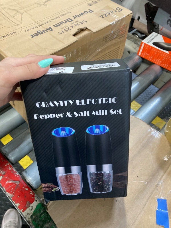 Photo 1 of **USED** Sweet Alice Gravity Electric Pepper and Salt Grinder Set, Adjustable Coarseness, Battery Powered with LED Light, One Hand Automatic Operation, Stainless Steel Black, 2 Pack