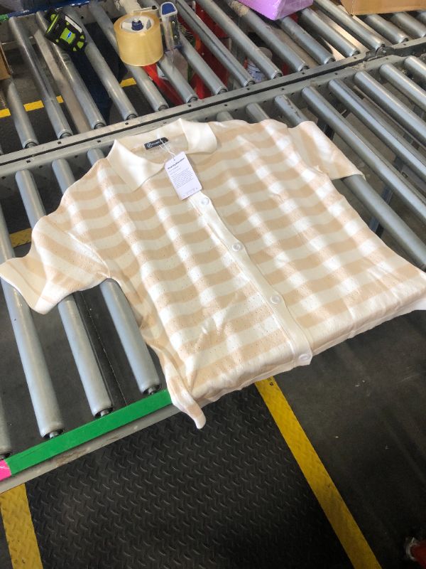 Photo 1 of ***only shirt, SMALL SIZE*** PRETTYGARDEN Women's 2 Piece Shorts Sets Casual Summer 2025 Short Sleeve Striped Sweater Set Matching Beach Vacation Outfit (Apricot,Small)