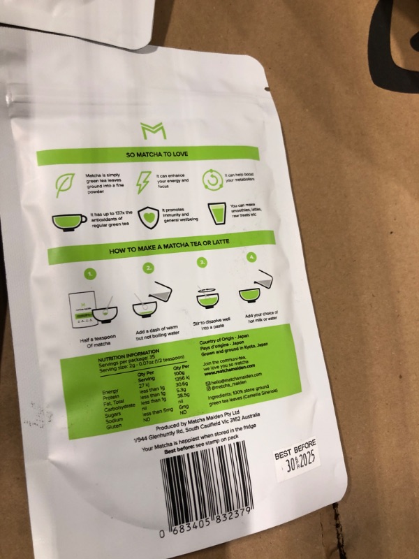 Photo 1 of ***BEST BEFORE 30APR2025*** Matcha Maiden Organic Matcha Powder - 70g (2.47oz). Organic Japanese Matcha made from 100% Pure Stone Ground Green Tea Leaves