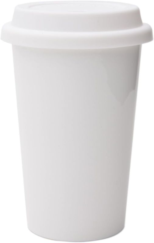 Photo 1 of  Double Wall Insulated White Ceramic Travel Coffee Cup with Lid & Sleeve, Coffee Mug Tumbler with Handle Lid 14 oz               