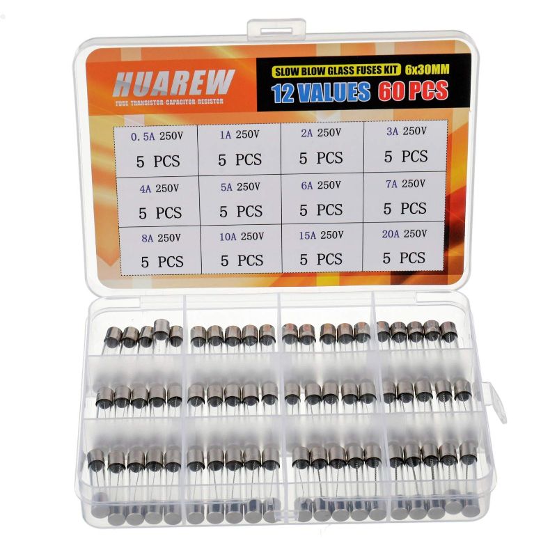 Photo 1 of 12 Values 60 Pcs 6x30 mm Slow Blow Glass Fuse 0.24x1.18 Inch 250 V Volt T 0.5 1 2 3 4 5 6 7 8 10 15 20 A amp Assortment Kit