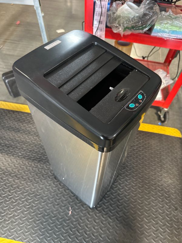 Photo 1 of iTouchless 14 Gallon Slide Open Lid Kitchen Trash Can with, Motion Sensor Stainless Steel Rectangular Trashcan for Home Office Work Bedroom Living Room Garage Large Capacity Slim Wastebasket, Silver