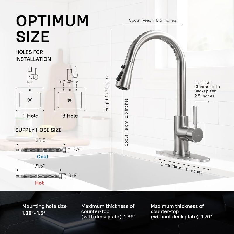 Photo 1 of WEWE Kitchen Faucet with Pull Down Sprayer, Brushed Nickel Kitchen Sink Faucet Fits 1 or 3-Hole Kitchen Sinks, Single Handle Premium Stainless Steel, Suitable for RV, Farmhouse, Bar.