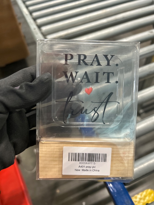 Photo 1 of Inspirational Office Desk Decor,Pray Wait Trust Sign Acrylic Plaque for Work Place Office Desk Decor,Positive Gift for Women Men Cowoker Friend A401