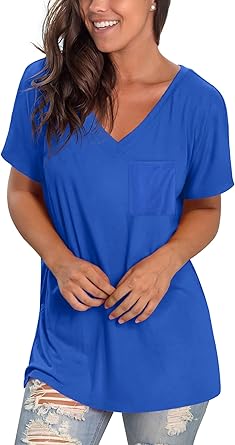 Photo 1 of Geifa womens T-Shirt short Sleeve V Neck Loose Casual Summer Tops with Pocket, Blue, Size Large 