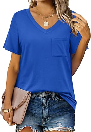 Photo 1 of Geifa womens T-Shirt short Sleeve V Neck Loose Casual Summer Tops with Pocket, Blue, Size Large 