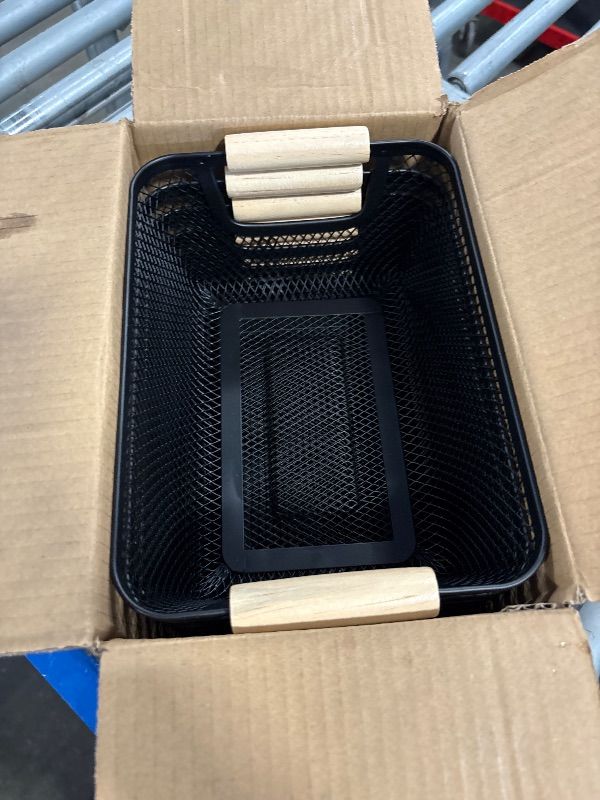 Photo 1 of 6Pack Black Wire Basket with Wooden Handle, Storage Bins for Pantry, Metal Mesh Basket for Kitchen Organization, Snack Basket Organizer for Home Cabinet Closet Bathroom Fridge Fruit Makeup and Office
