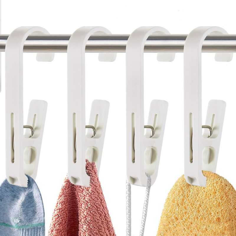Photo 1 of 20pcs Laundry Hooks with Clips Super Strong Plastic Home Travel Swivel Hanging Hanger Closet Organizer Clamps Socks Boot Bras Towels for Bathroom Wardrobe Kitchen Office,White
