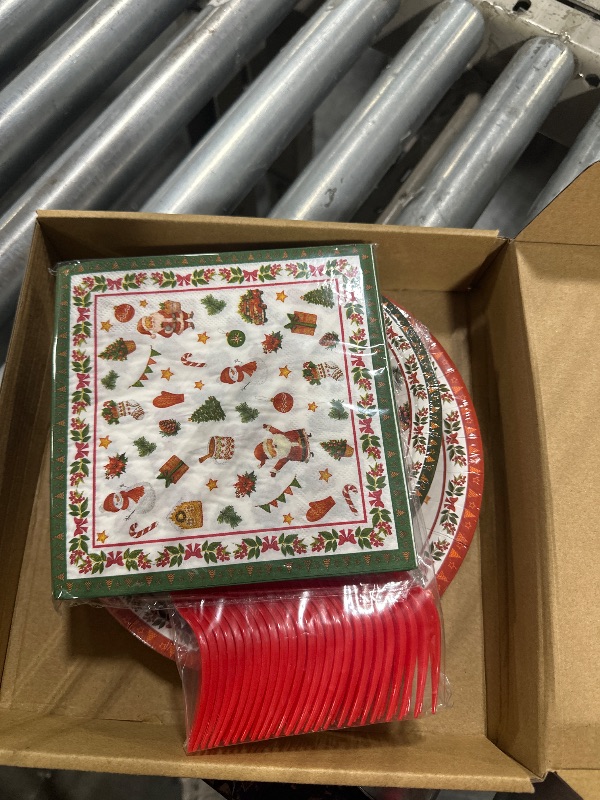 Photo 1 of 96 Pcs Christmas Paper Plates and Napkins - Christmas Tree Santa Claus Theme Party Supplies Disposable Paper Tableware for Decorations Celebrations Favors Set Serves 24 Guests