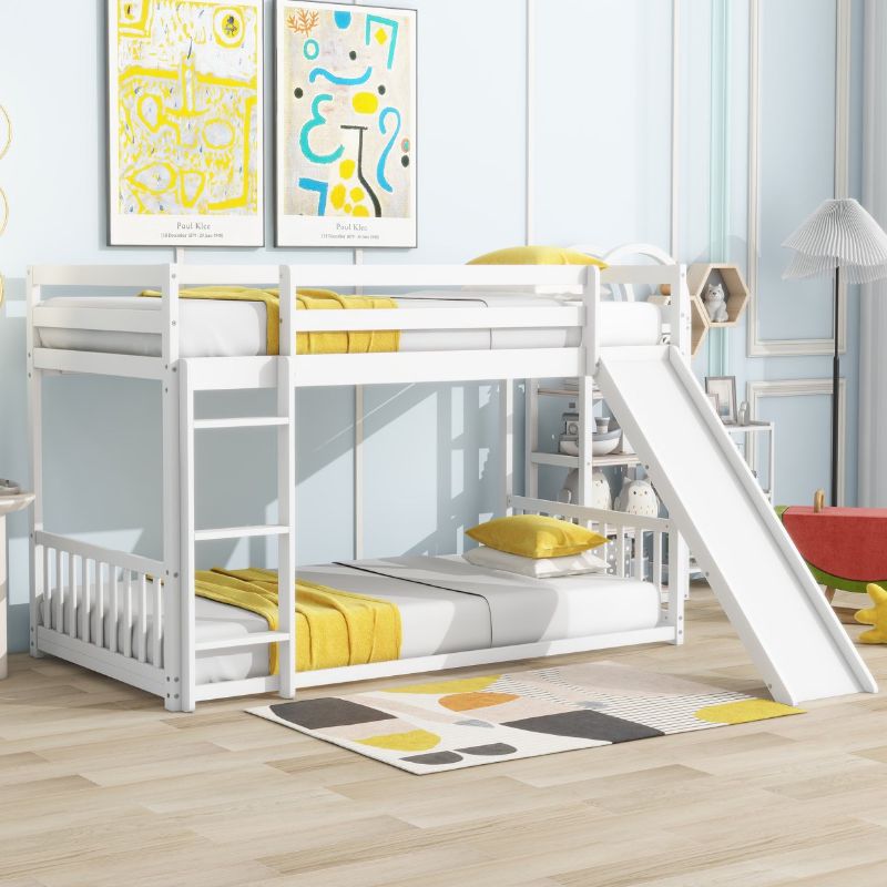 Photo 1 of **PARTS ONLY **PARTIAN SET**Twin Over Twin Floor Bunk Bed with Slide and Ladde, Solid Pine Wood Low Bunk Bed Frame with Door and Safety Guardrails for Kids, Girls, Boys, White