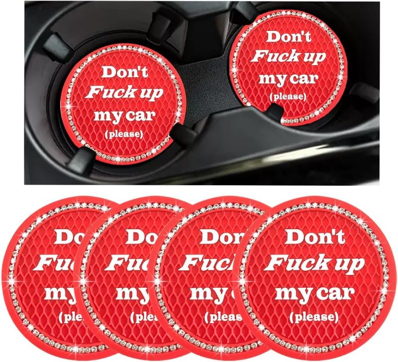Photo 1 of 4 Pack Bling Car Coasters, 2.75 Inch Bling Crystal Rhinestone Diamond Soft Rubber Pad Set Round Auto Cup Holder Insert Drink Coaster Car Interior Accessories (Red-White)