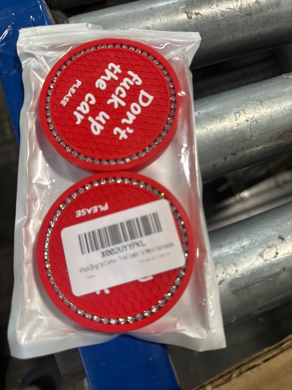 Photo 1 of 4 Pack Bling Car Coasters, 2.75 Inch Bling Crystal Rhinestone Diamond Soft Rubber Pad Set Round Auto Cup Holder Insert Drink Coaster Car Interior Accessories (Red-White)