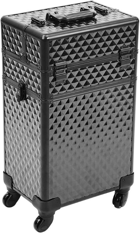 Photo 1 of ***Stock photo is a similar item*** Rolling Train Case 4-in-1 Portable Professional Cosmetic Makeup Travel Case Aluminum Artists Jewelry Storage With DIY Adjustable Divider(Black)