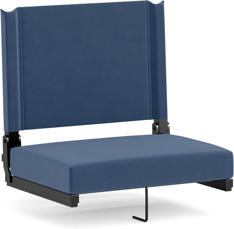 Photo 1 of (FAIR) (POSSIBLE MISSING HARDWARE) Flash Furniture Grandstand Portable Stadium Seat for Bleachers or Benches, Folding Padded Stadium Chair with Carrying Handle, 500 lb. Weight Capacity, Navy Blue

