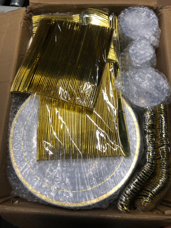 Photo 1 of Prestee 600-Piece Disposable Party Dinnerware Set for 100 Guests - Gold Silverware Disposable with Plates, Cups, Knives, Forks, Spoons - Elegant Reusable Wedding Reception and Events Supplies