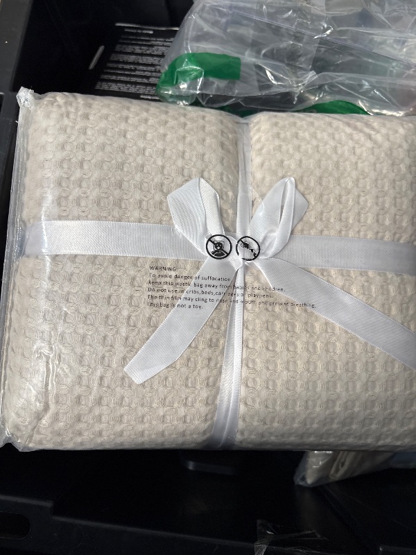 Photo 1 of 100% Cotton Waffle Blanket (Khaki - Queen Size - 90 * 90''), Pre-Washed and Anti-Shrinkage Soft Lightweight Bed & Couch Blanket, 380 GSM Waffle Weave Throw Blanket for All Seasons