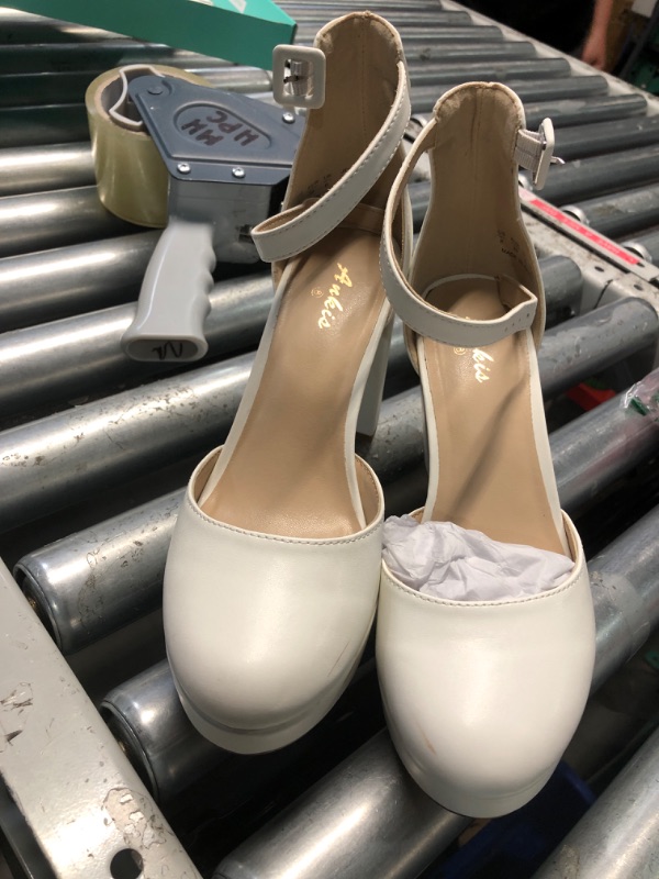Photo 1 of Ankis Platform Closed Toe Heels for Women, White Womens Heels Closed Round Toe Chunky Block Pumps Shoes, 4 Inch size 8