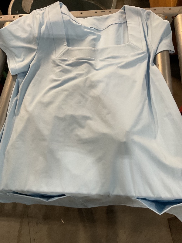 Photo 1 of (BAGGED) AlvaQ Women Dresses Casual Cute Solid Short Sleeve Square Neck Mini Tshirt Dress with Pocket Outfits Light Blue Large