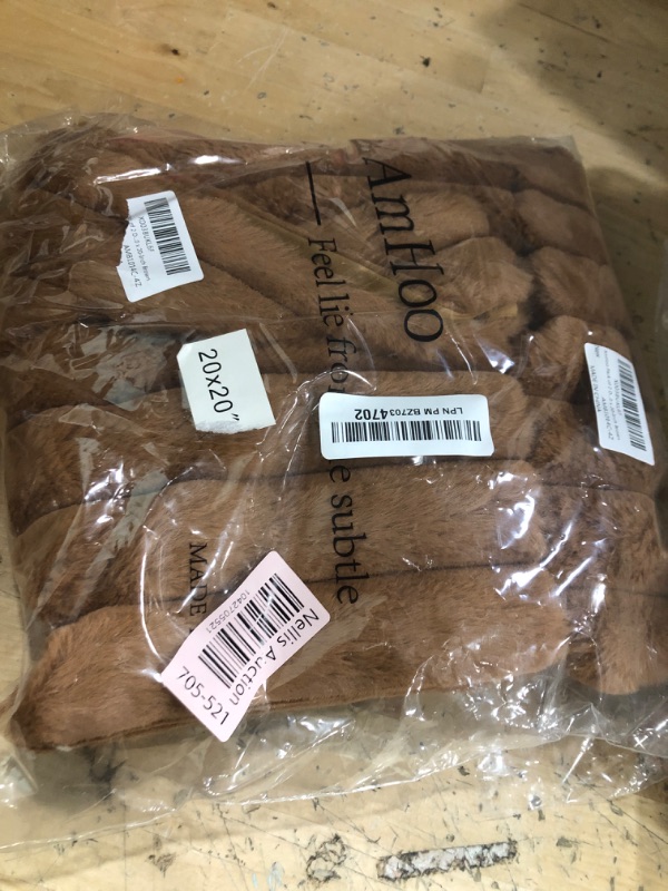 Photo 1 of AmHoo Pack of 2 Decorative Throw Pillow Covers Faux Rabbit Fur Cozy Velvet Super Soft Fuzzy Striped Set Case Cushion for Couch Sofa Bedroom 20 x 20-Inch Brown