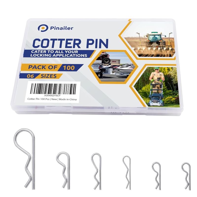 Photo 1 of 100 Pcs Cotter Pin Assortment Kit – Zinc Plated R Clip Stainless Steel Cotter Pins in 6 Different Sizes – Easy Installation & Tool Free Removal – Reusable Fastener for Hitch Pins, Machinery & Vehicle
