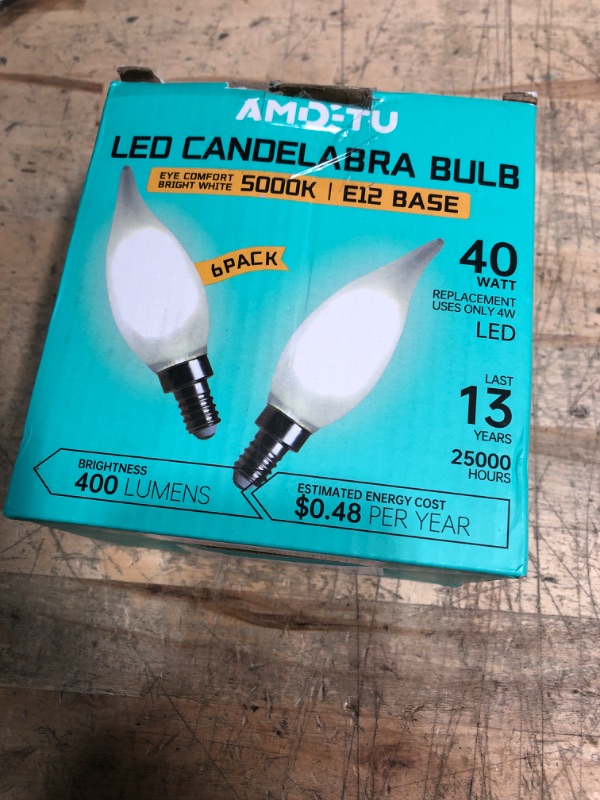 Photo 1 of AMDTU E12 Type C 5000k Bright 40 Watt Equivalent Frosted LED Bulb Candelabra Candle Dimmable Small Base Chandelier Light Ideal for Dining Rooms Living Rooms and bedrooms Long Lasting Light