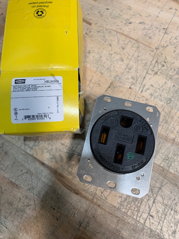 Photo 1 of Hubbell HBL9450A Straight Blade Device Receptacle, RTP, Industrial Grade, 3-Pole 4-Wire Grounding, 50A 125/250V, 14-50R