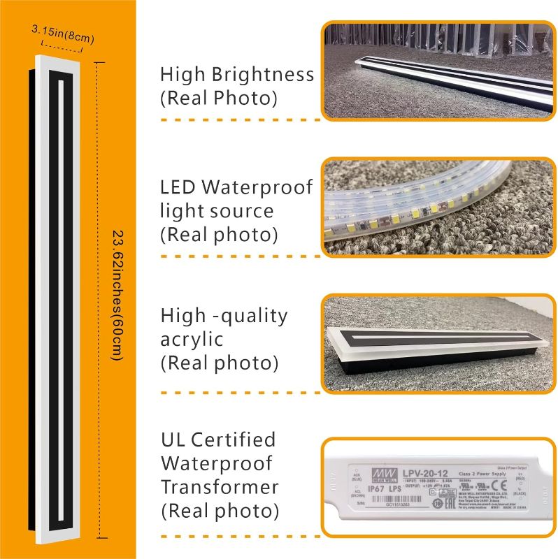Photo 1 of Abilazac LED Long Wall Light Outdoor Wall Mounted Modern Lighting Fixture IP65 Waterproof Outdoor Wall Light, Suitable for Courtyard/Exterior Wall/Patio(6000K White Light, 23.6inch)