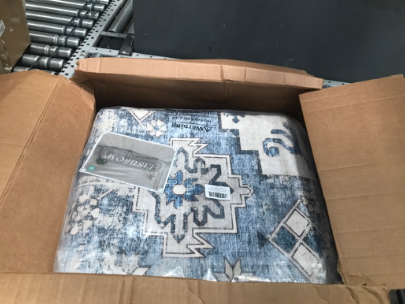 Photo 1 of Distressed Washable 8x10 Area Rugs: Living Room Low Pile Rug - Bedroom Kitchen Apartment Laundry Rugs Indoor Non-Slip Thin Vintage Boho Decor Floor Faded Carpet Blue Beige