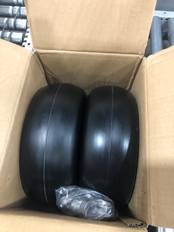 Photo 1 of 11x4.00-5" Flat Free Lawn Mower Tire on Wheel, Universal Fit 11x4.00-5 Smooth Tread Tire for Zero Turn Lawn Mowers - with 3/4" Bushings and 3.4"-5" Centered Hub - Contain Adapter Kit | Black-2Pcs