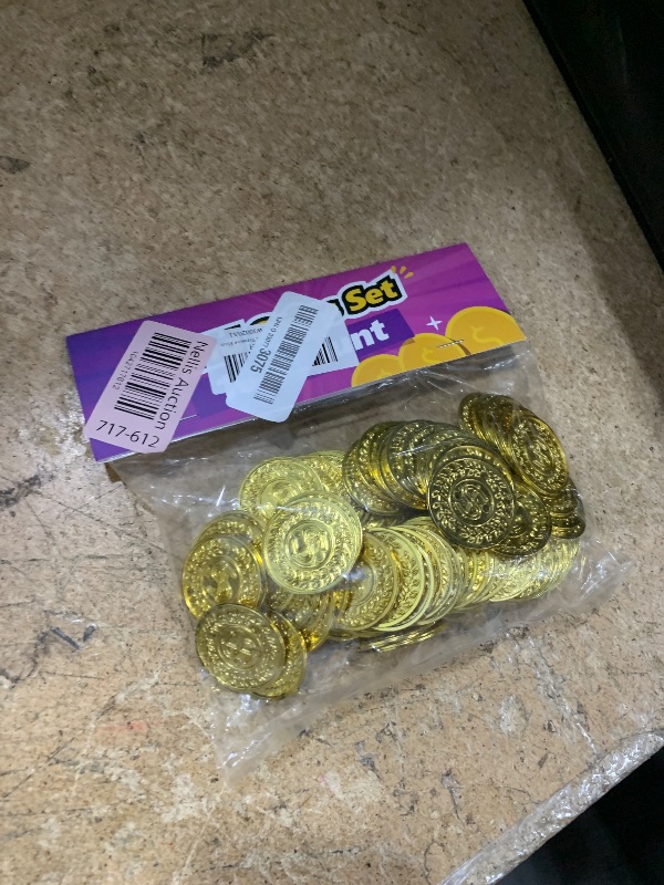 Photo 1 of 100 Count Plastic Gold Coins Set, Pirate Treasure Gold Play Coins for Kids Party Theme Props Decorations, Lucky Draw Games Treasure Hunt
