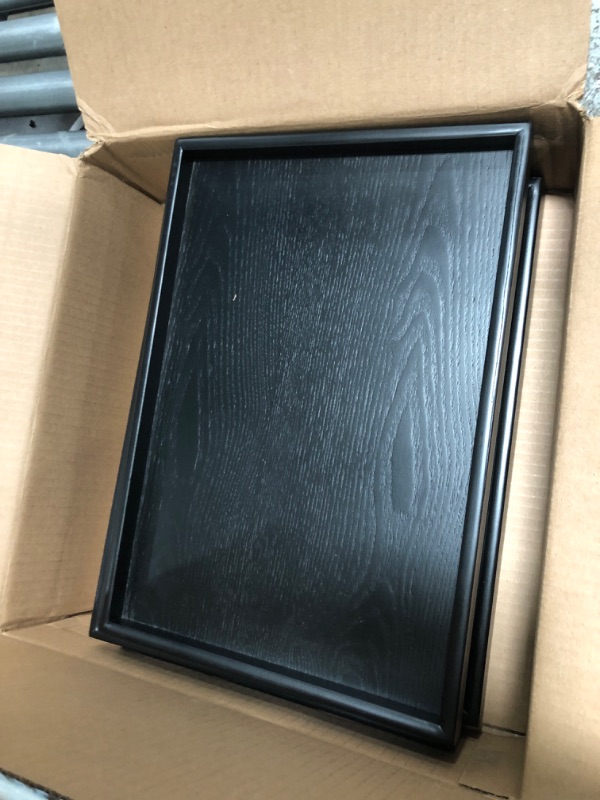 Photo 1 of 16 x 11 Inches Extra Large Solid Wood Serving Tray for Tea Coffee Table Snack Food Meals Serving Plate Kitchen Party Bar Breakfast Server with Raised Edges Black Wooden Decorative Ottoman Tray