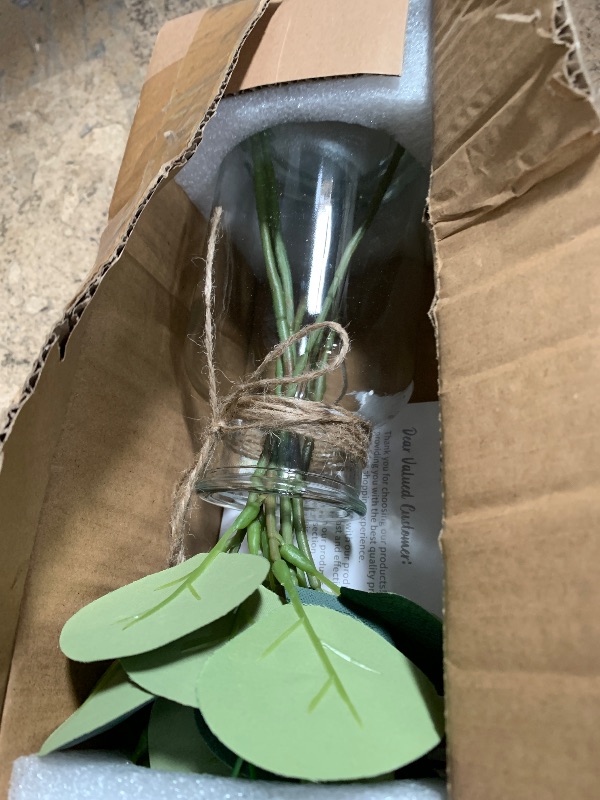 Photo 1 of 14" Artificial Eucalyptus Stems in Glass Vase with Faux Water, Realistic Eucalyptus Leaves Fake Plant Branch Greenery Decoration for Home Farmhouse Bathroom Kitchen Wedding Centerpiece Table Décor