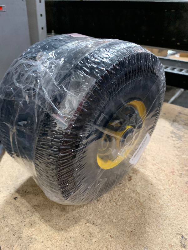 Photo 1 of 4.10/3.50-4" Flat Free Tire and Wheel, 10" Solid Tire with 5/8" Axle Bore Hole with 3/4" & 1/2" Extra Bearings, 2.2" Offset Hub for Wheelbarrow Hand Truck Garden Wagon Cart Trolley Dolly Lawn Mover