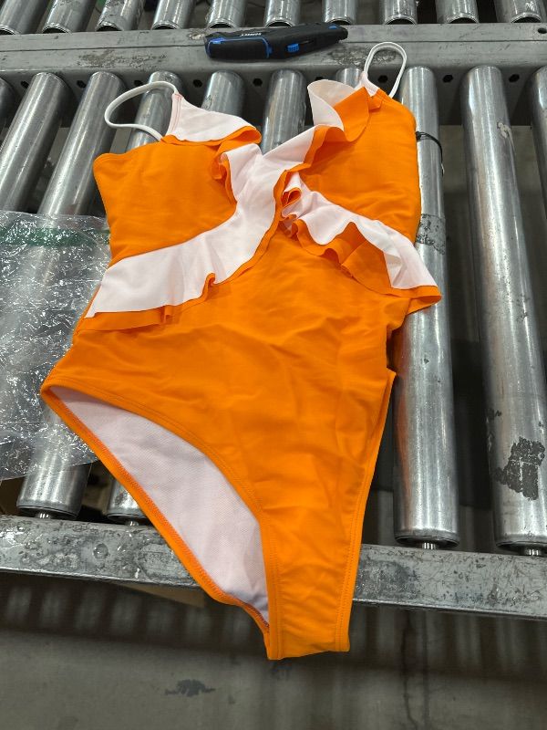 Photo 1 of AI'MAGE One Piece Swimsuit for Women Tummy Control Ruffle Bathing Suit V Neck Push Up Swimwear Orange, Medium