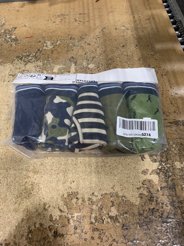 Photo 1 of Amazon Essentials Mens Underwear Boxer Briefs, Comfortable Cotton, Tag-Free, Pack of 5, Black White Stripe/Camo/Dark Blue/Military Green/Warrior, X-Small