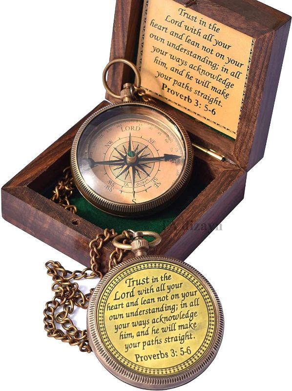Photo 1 of (MINOR DAMGE) Trust in The Lord with All Your Heart -Proverbs 3: 5-6 Quote Engraved Compass Greeting Wood Box, Inspirational Gift, Baptism 2024 Graduation Day, (1 Trust in The Lord Compass)