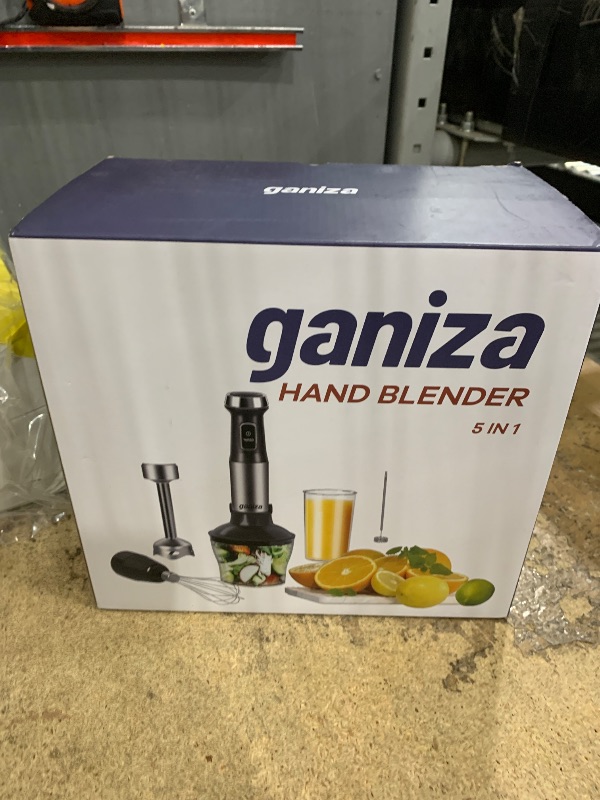 Photo 1 of **NOT FUNCTIONAL**
Ganiza Immersion Blender 5 in 1 Hand Blender Max 1000W Heavy Duty Motor, 16 Speed Mode Handheld Blender Stainless Steel Blade With 800ml Mixing Beaker, 600ml Chopper, Whisk and Milk Frother