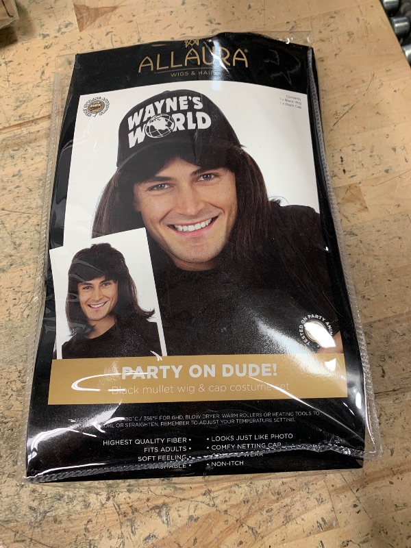 Photo 1 of ALLAURA Wayne Wig with Wayne's Cap World Hat | Compatible with Wayne's World Wig and Hat | Mullet Costume Wigs For Men 80s Heavy Metal Rocker Wig 1980s Black Mullet Wig —80s Couples Halloween Costumes
